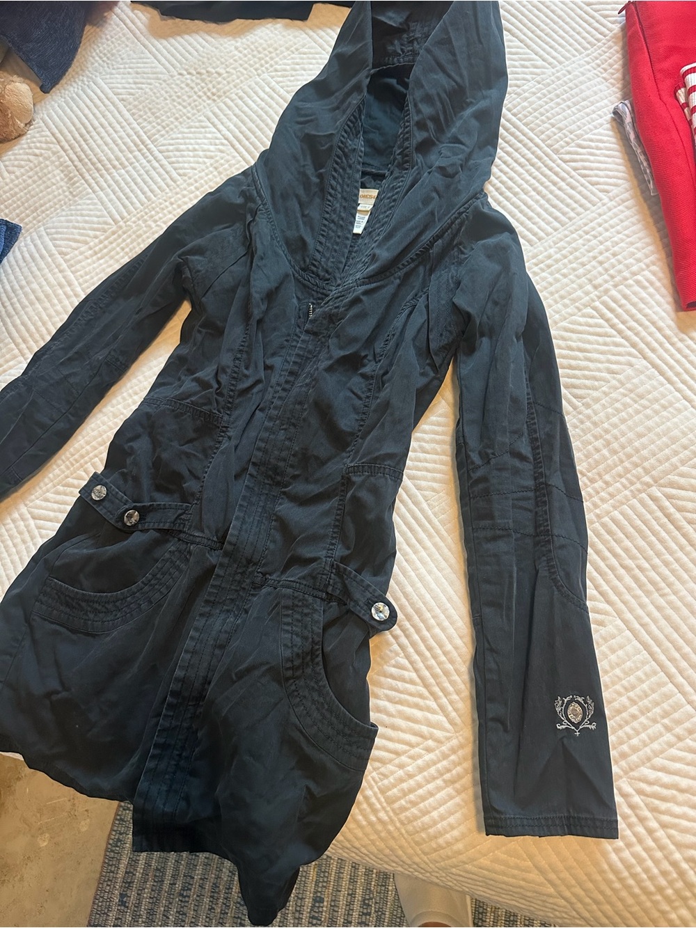 Diesel Black Hooded Trench Coat with Crest Detail